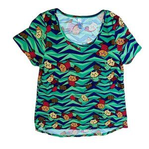 LuLaRoe T Shirt Large Green brown cat kitty kitten on sled Size Large